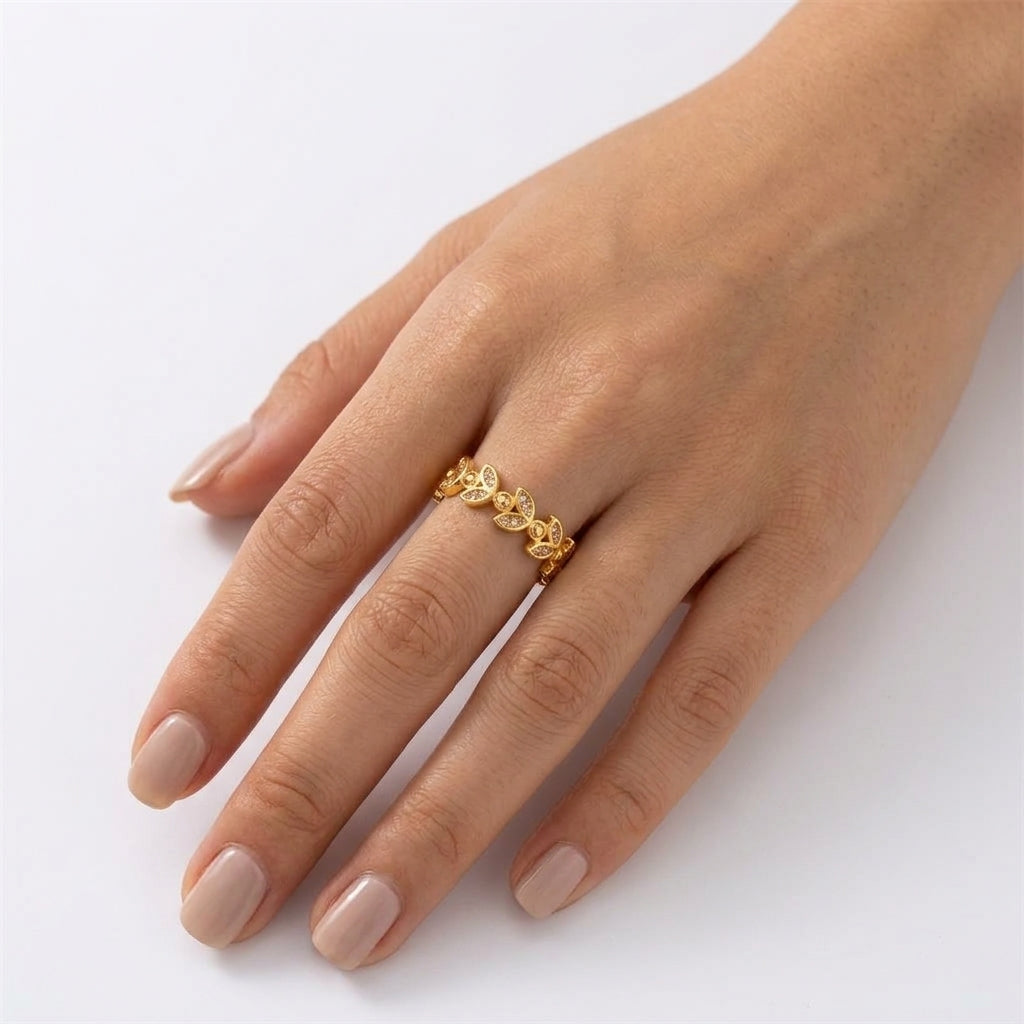 Filigraner Blätter Ring Gold mit Zirkonia 18K vergoldet