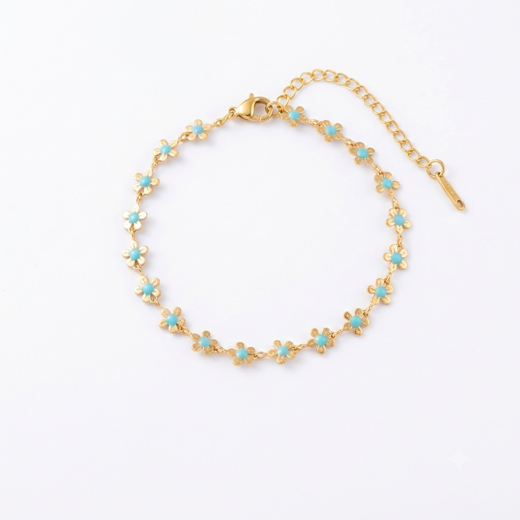 Floral Gold-Armband türkisblaue Zentren 18K vergoldet