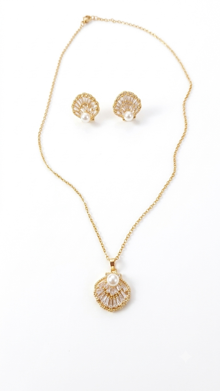 Maritime Pearl Halskette & Ohrstecker mit Perlen und Zirkonia 18 Karat Goldbeschichtung
