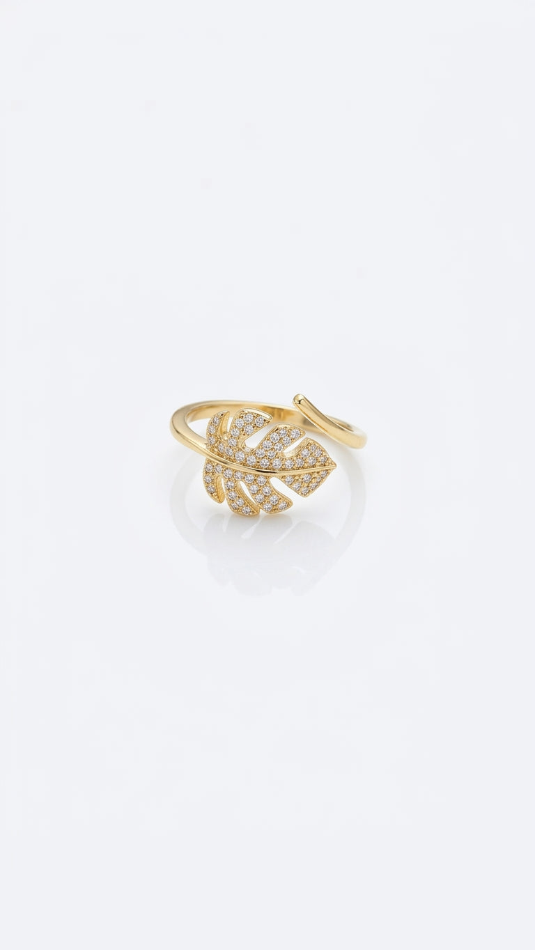 Monstera Blatt-Ring Gold mit Glitzer-Zirkonia 18K vergoldet
