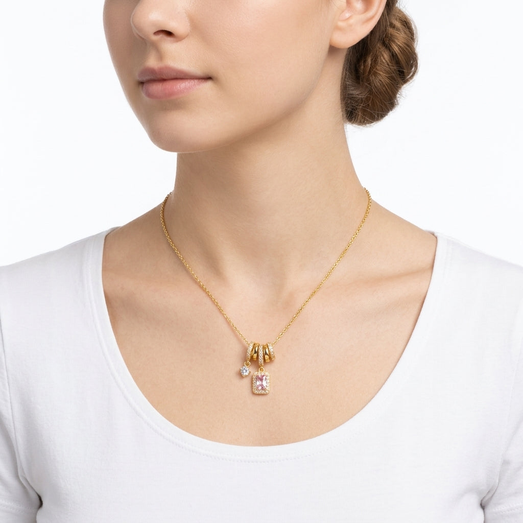 Rosa Kristall-Anhänger & Zirkon Halskette 18K vergoldet