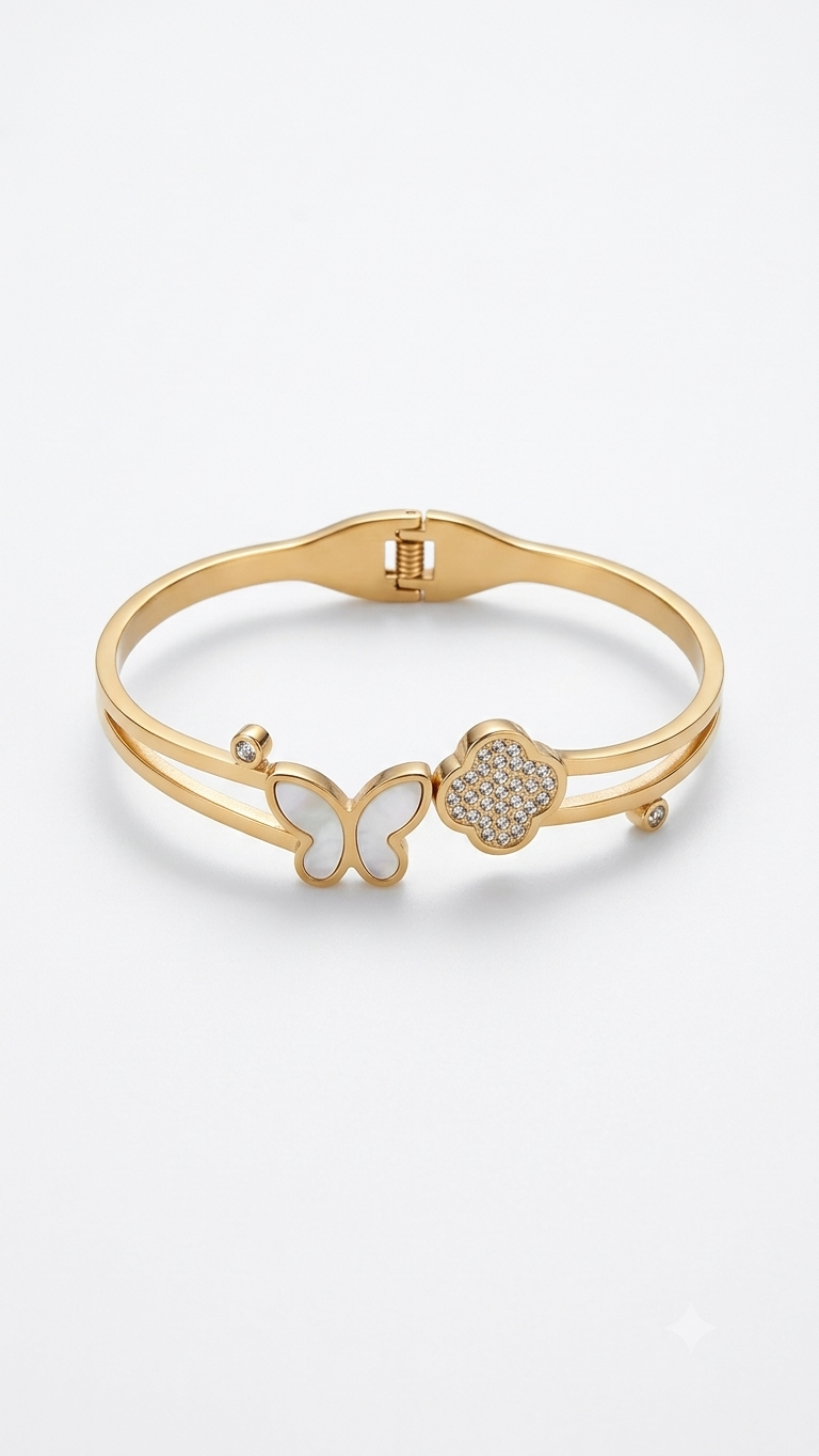 Schmetterling & Kleeblatt Armreif Perlmutt-Optik & Zirkonia 18k Goldbeschichtung